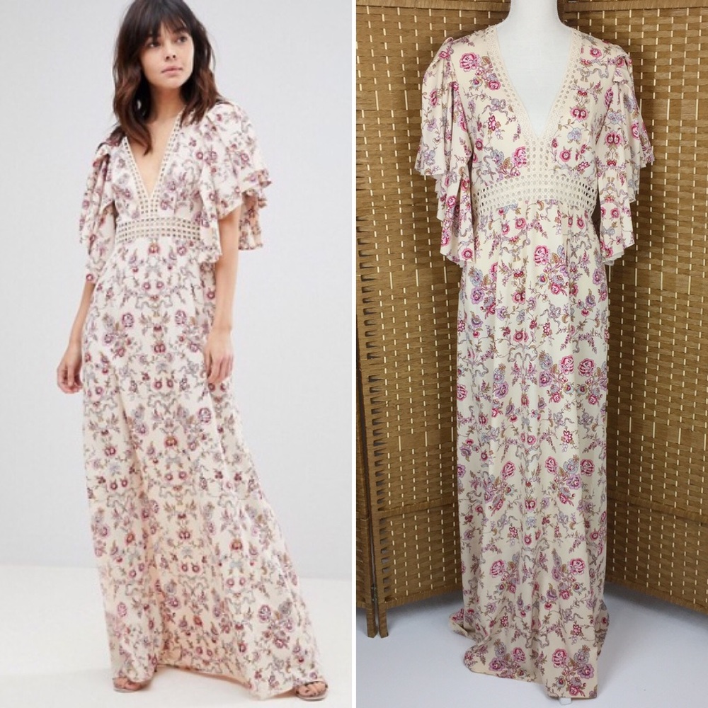 ASOS Floral Maxi Dress Broderie Trim Sz 10 NWT